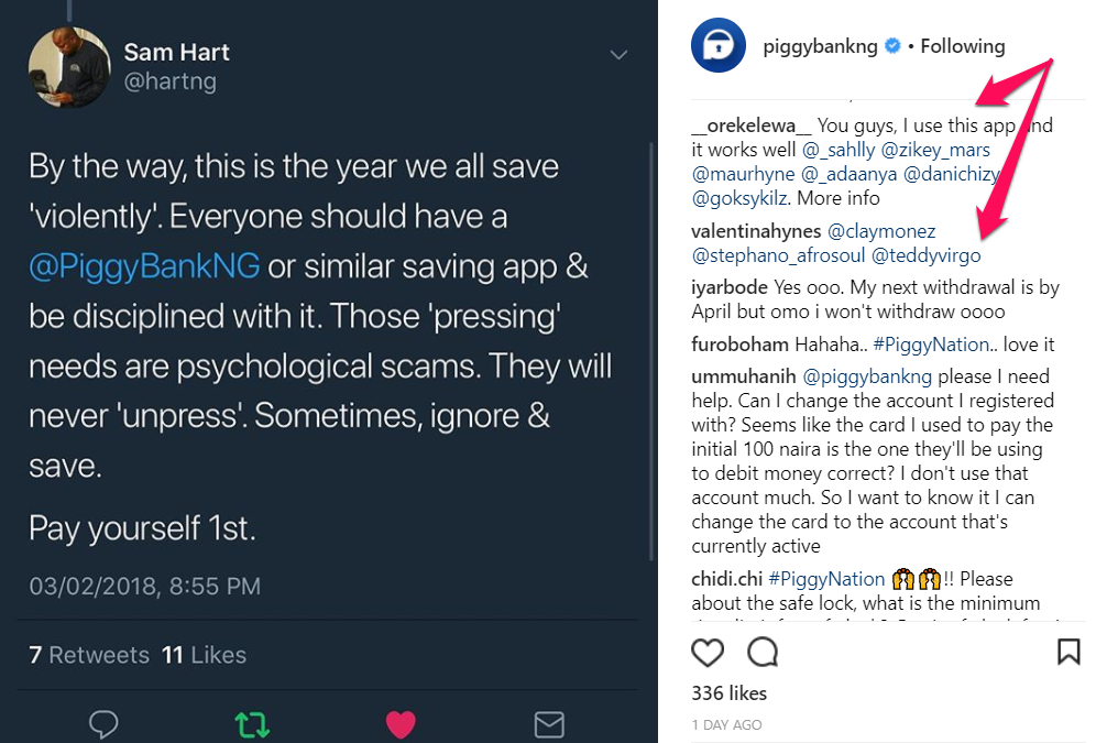 Image of Sam Hart tweeting about 'Saving Violently' using Piggybank