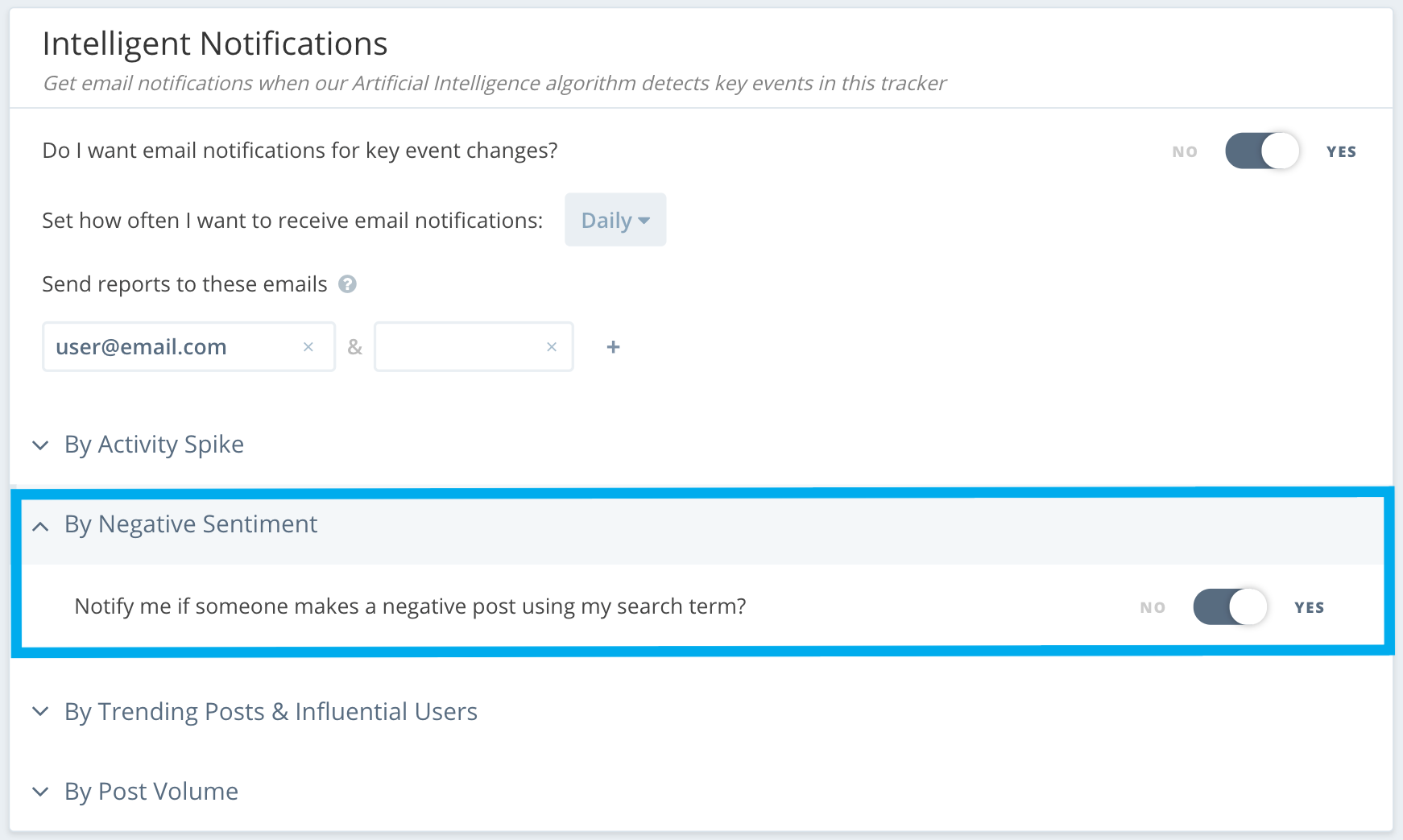 Keyhole Intelligent Notifications Dashboard With Negative Sentiment Alerts Turned On